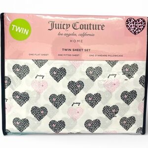 Juicy Couture 3-pc DP Twin Sheet Set White Pink Black Leopard Hearts NEW NIP